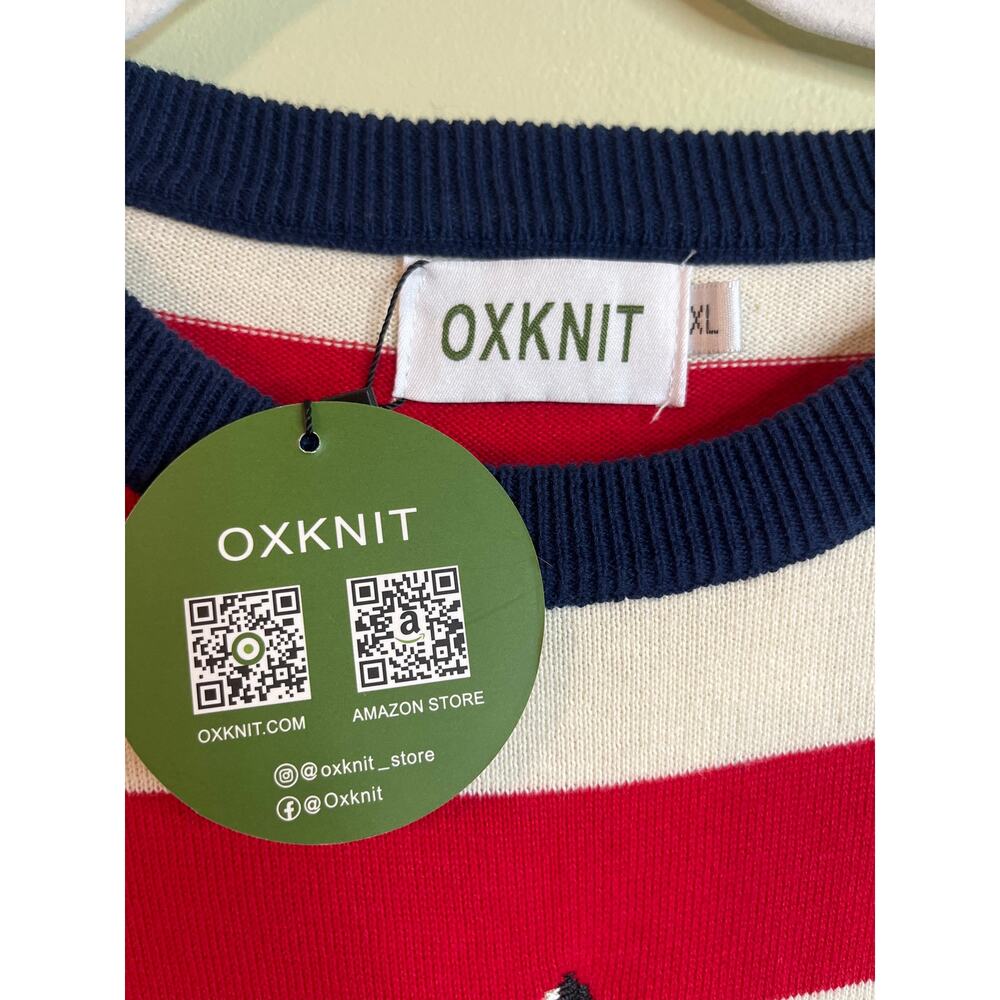 NWT OXKNIT Red White Striped Sweater Sailboat Navy Bell Cuff Knit Crewneck XL - Picture 3 of 10
